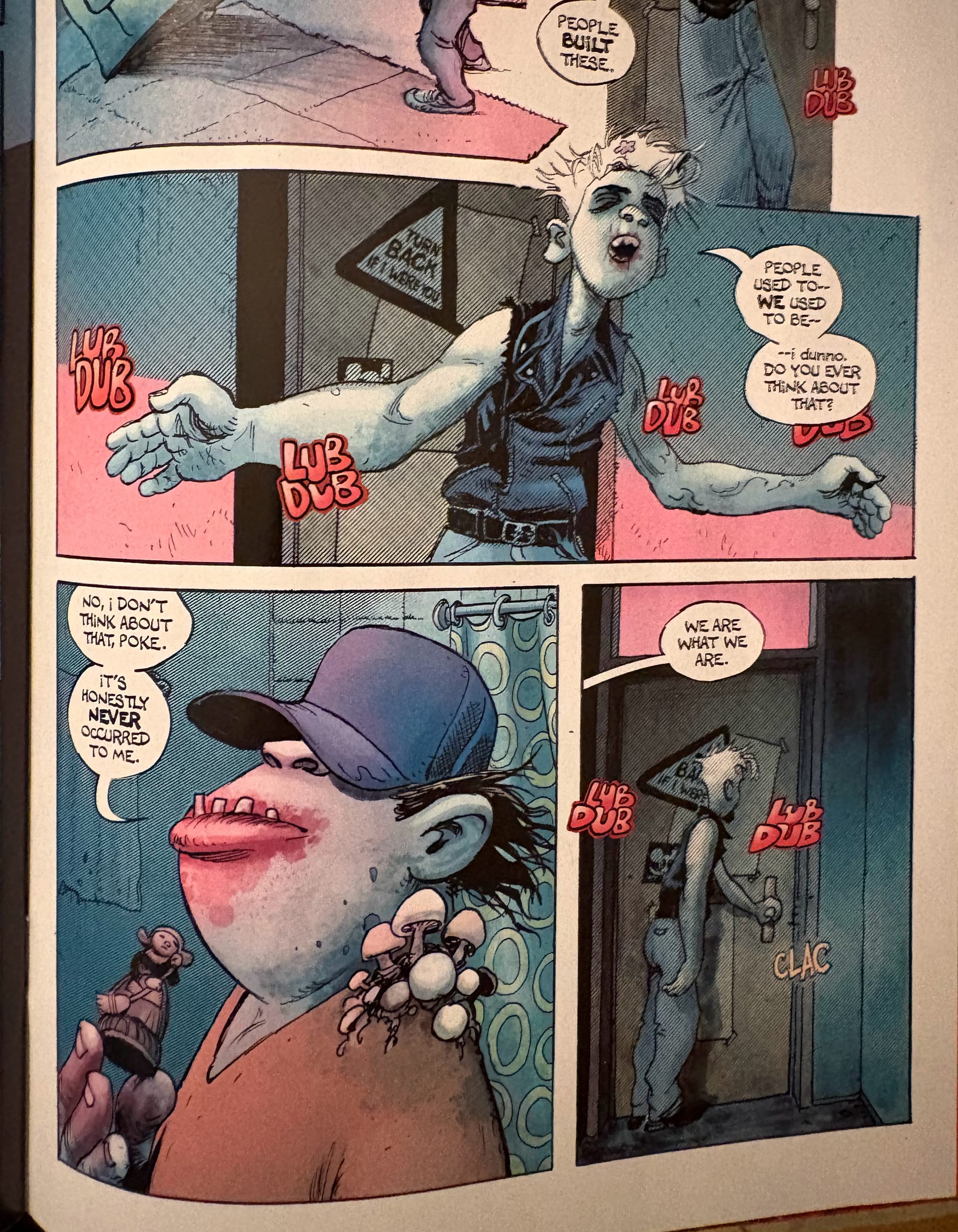 Panels from Bleeding Hearts #1, in which two zombies reflect on their current lives as zombies