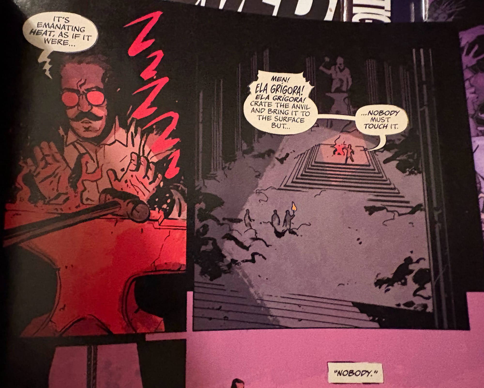 Panels from The Peril of The Brutal Dark #1, in which an archaeologist is surprised to find heat emanating from a Greek artifact