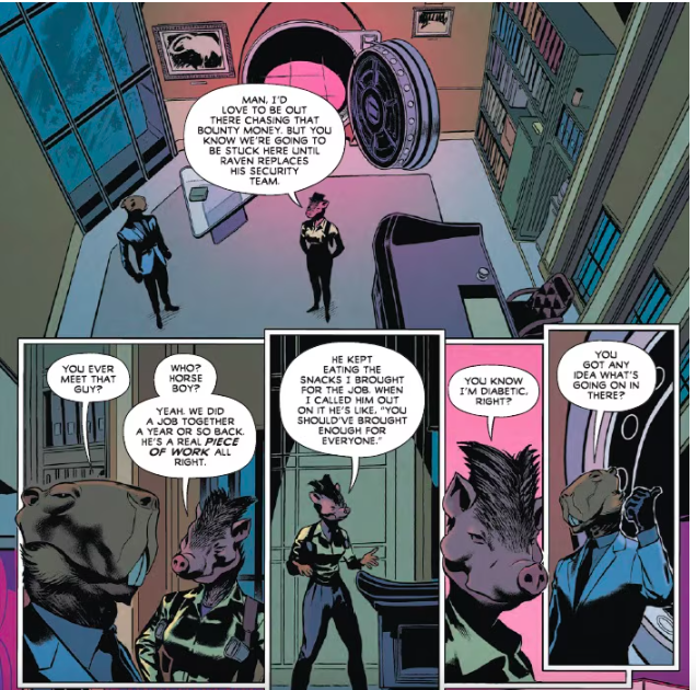 excerpt from End of Life #1 featuring some henchmen discussing the book's protagonist, Eddie Stallion, who they do not like